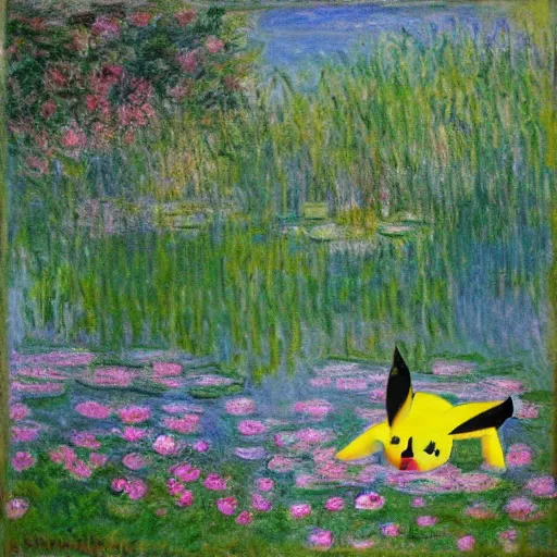 Image similar to pikachu laying relaxed near a lake surrounded by flowers, claude monet style, cloudy weather