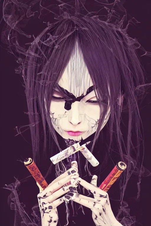 Image similar to Gothic girl smoking a fractal cigarette, dark background. digital art. amazing quality. perfect lighting. Professional design. Great composition. by Utagawa Kuniyoshi and Tomoyuki Yamasaki and Tsutomu Nihei, octane render, award winning art. impressive colors. trending on artstation. by Sam Spratt