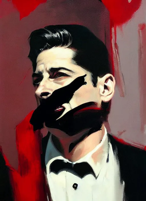 Image similar to dale cooper doppelganger, screaming, WHITE EYES!!! red curtains, painting by phil hale, 'action lines'!!!, graphic style, visible brushstrokes, motion blur, blurry