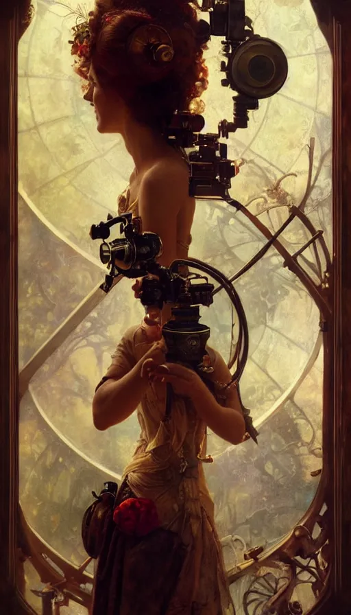 Image similar to hyper realistic photographer looking through camera, magical, steampunk, painted by norman rockwell, tom bagshaw, mucha, gaston bussiere, craig mullins, j. c. leyendecker 8 k