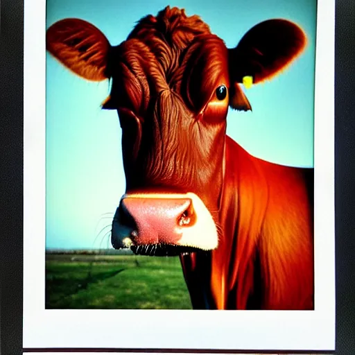 Image similar to Mugshot Portrait of a Guernsey Cow, taken in the 1970s, photo taken on a 1970s polaroid camera, grainy, real life, hyperrealistic, ultra realistic, realistic, highly detailed, epic, HD quality, 8k resolution, body and headshot, film still, front facing, front view, headshot and bodyshot, detailed face, very detailed face