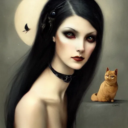 Prompt: a painting of a woman with a cat on her shoulder, a character portrait by tom bagshaw, featured on deviantart, gothic art, wiccan, lowbrow, goth