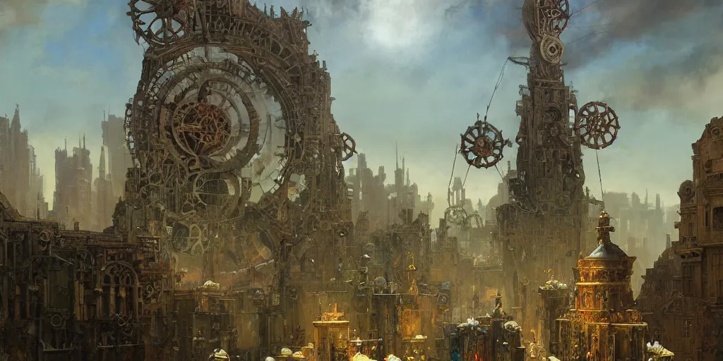 Prompt: giant cog floating in the sky medieval city standing on a giant cog gear mechanism buildings vista artstation illustration sharp focus sunlit vista painted by ruan jia raymond swanland lawrence alma tadema zdzislaw beksinski norman rockwell tom lovell alex malveda greg staples