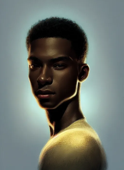 Image similar to portrait of young chuck clayton, black man, 1 7 years old, intricate, elegant, glowing lights, highly detailed, digital painting, artstation, concept art, smooth, sharp focus, illustration, art by wlop, mars ravelo and greg rutkowski