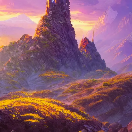 Prompt: carphathian mountains, sunset, blue yellow red purple flowers, castle in distance, illustration, intricate, hyper - detailed, concept art, smooth, sharp focus, ray tracing, vibrant, photorealistic, by jessica rossier