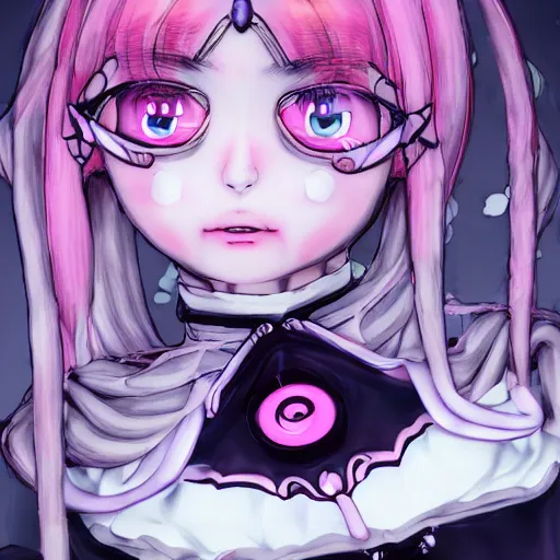 Image similar to stunningly beautiful omnipotent megalomaniacal anime asi goddess who looks like junko enoshima with symmetrical perfect face and porcelain skin, pink twintail hair and cyan eyes, traps you inside her surreal vr castle where she controls you completely with a twisted smile!!!, hyperdetailed, digital art from danganronpa, unreal engine 5, 8 k