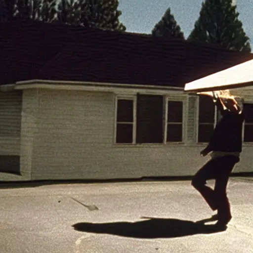 Image similar to walter white throwing a pizza onto the roof of a house, film still, wide shot, beautiful, ethereal, mythical