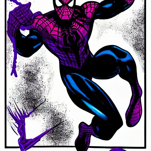 Image similar to black and purple spiderman drawn in comic book art style by steve ditko, 4 k digital art