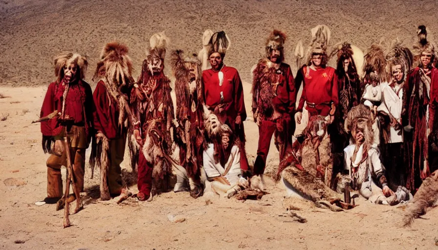 Prompt: high realistic photo portrait of esoteric tribes members with taxidermic flesh bloody jaw and elaborate red clothes in the desert, eastmancolor, heavy grain, high quality,