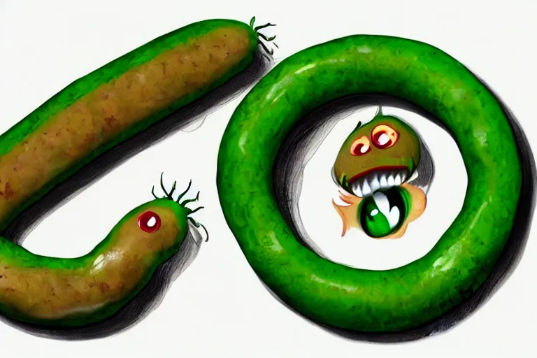 Image similar to Long Green Sausage with eyes and fangs, fine details, concept art