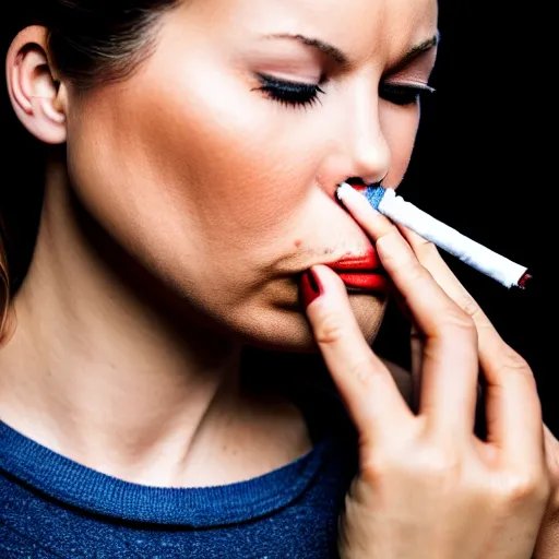 Prompt: woman smoking a cigarette, smoking, smoking, smoking, smoking, smoking a cigarette, smoke, close up