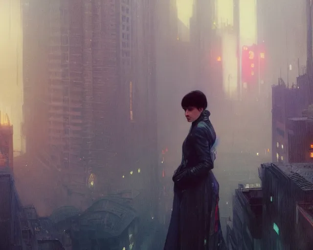 Image similar to 2 0 1 8 blade runner movie still girl look at the cityscape from roof perfect face fine realistic face pretty face neon puffy jacket blue futuristic sci - fi elegant by denis villeneuve tom anders zorn hans dragan bibin thoma greg rutkowski ismail inceoglu illustrated sand storm alphonse mucha