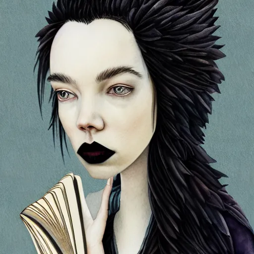 Image similar to full body detailed watercolor illustration of alien anya taylor - joy mixed with jennifer connelly, unsettling, hooded long black feathered cloak, uncanny valley, with black feathers instead of hair, gothic, reading a book, guillermo del toro, gray mottled skin, pale and sickly, profile view, - - ar 9 : 1 6