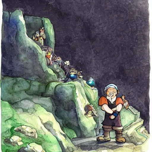 Prompt: dwarf mining for gold in a sparkling dark cave, from studio ghibli, watercolor illustration for a book, proportions, legs of the hand