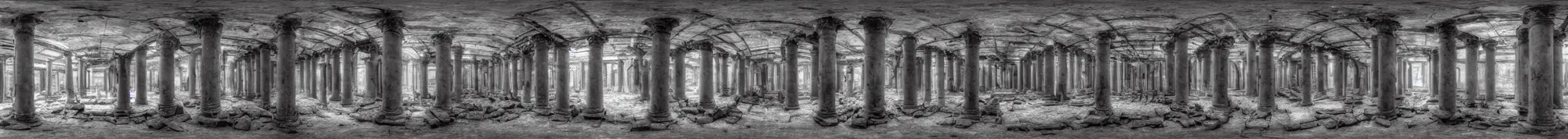 Image similar to photo of an immersive forgotten panopticon well, with columns and destroyed cybernetics from an ancient civilization, photorealistic, higly detailed dark, 3 6 0 picture, panorama, 3 5 mm slide, trending on flickr, in the style of francesca woodman, zachary corzine, zhelong xu, greg rutkowski and anders zorn