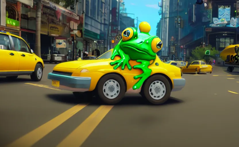 Prompt: ps 4 game about a cute frog driving a taxi, frog driving a taxi unreal 4 screenshot,