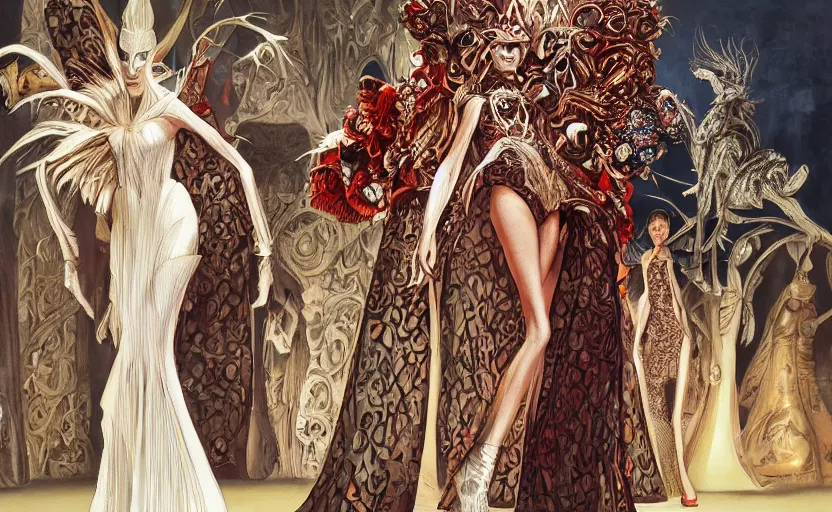 Image similar to fashion model walking down a catwalk, elaborate dress by alexander mcqueen, art by michael whelan and chris moore and howard david johnson and tim white and dan giancola