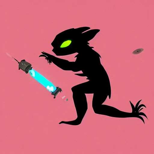 Image similar to “ creature in the style of how to train your dragon holding laser gun, floating alone, with a black background, digital art, award winning, trending on art station, retro style ”