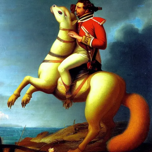 Image similar to a giant squirrel carrying napoleon bonaparte on its back, beach scene with flowers and foliage, detailed oil painting