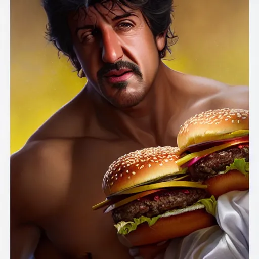 Prompt: portrait of Stallone eating hamburgers, extra onions and ketchup, luscious patty with sesame seeds, feminine ethereal, handsome, D&D, fantasy, intricate, elegant, highly detailed, digital painting, artstation, concept art, matte, sharp focus, illustration, art by Artgerm and Greg Rutkowski and Alphonse Mucha