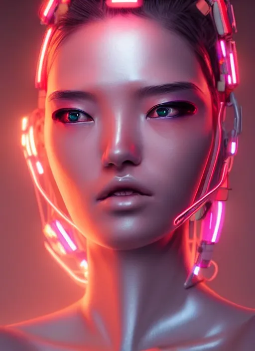 Image similar to photorealistic portrait of oriental female humanoid, cyber neon lights, highly detailed, cyberpunk high fashion, elegant, crispy quality, trending in artstation, trending in pinterest, glamor pose, no signature, no watermark, cinematic, art by pascal blanche