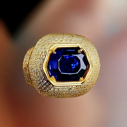 Prompt: a magnificent luxurious design of a female finger ring with a huge sapphire on which intricate patterns with interspersed small diamonds bend with a thin gold thread. hyper - realistic photo. full screen. very clear details.