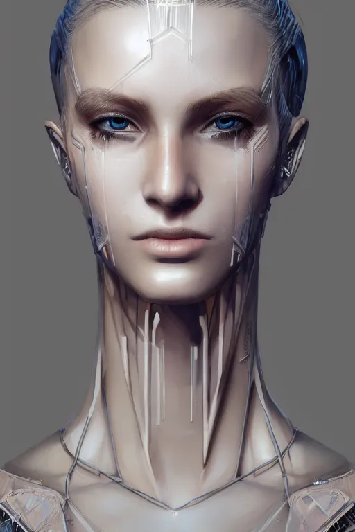 Prompt: a portrait of a cyberpunk fashion female model, detailed, realistic eyes, symmetry features proportions, intricate facial details, cybertech wear, synthwave, award winning, trending in cgsociety artstation deviant art