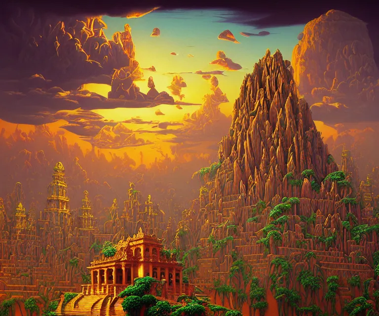 Image similar to hyper detailed 3d render like a Oil painting - ornate temple of the sun, dramatic sky in background, radiant, by Jacek Yerka, Mariusz Lewandowski, Houdini algorithmic generative render, Abstract brush strokes, Masterpiece, Edward Hopper and James Gilleard, Zdzislaw Beksinski, Mark Ryden, Wolfgang Lettl, hints of Yayoi Kasuma, octane render, 8k