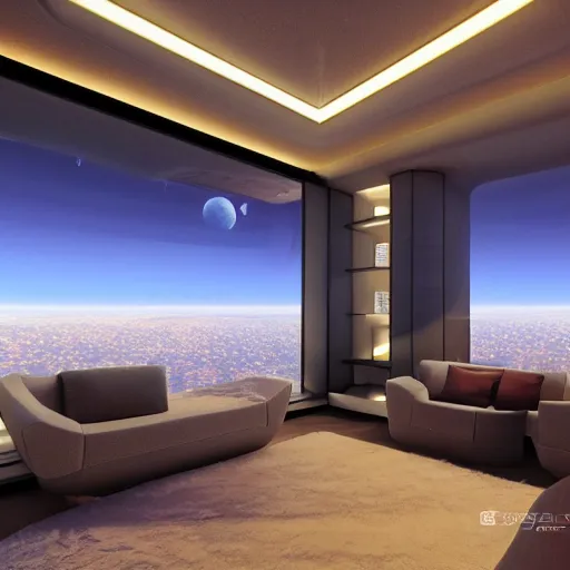 Image similar to futuristic interior design, living room in a spaceship with a window facing earth and the sun, photorealistic, ultra-detailed, 4k high resolution, HDR shot, cinematic lighting