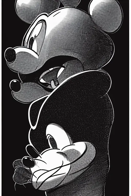 Prompt: a vibrant!!! ultraclear sideview waist up portrait of mickey mouse wearing black cape hoodie by laurie greasley and rene magritte, etching by gustave dore, intricate, sharp focus, illustration, highly detailed, digital painting, concept art, masterpiece