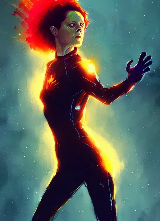 Image similar to young sigourney weaver as dark phoenix, by ismail inceoglu