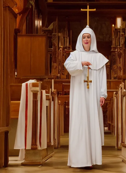 Prompt: film still of Sofia Verga dressed as a nun, revealing nun outfit, church interior, 4k