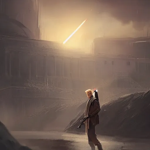 Image similar to Donald Trump as a jedi hero, capitol hill, post-apocalyptic, cinematic, atmospheric, highly detailed, artstation, wlop, stålenhag