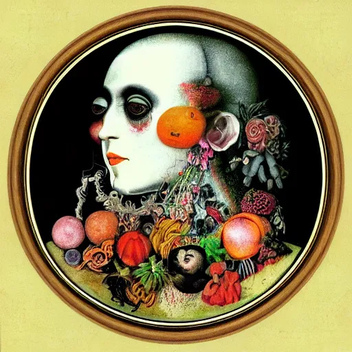 Image similar to post - punk new age album cover, asymmetrical design, in a round frame, dollar bank notes, capitalism, magic, apocalypse, psychedelic, black white pink, magic, giger h. r., giuseppe arcimboldo