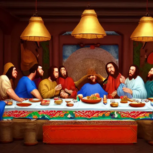 Prompt: the last supper in a mexican restaurant, sombrero, ponchos, in a baroque style, intricate detail, cinematic, 8 k, cel shaded, unreal engine, featured on artstation, pixiv