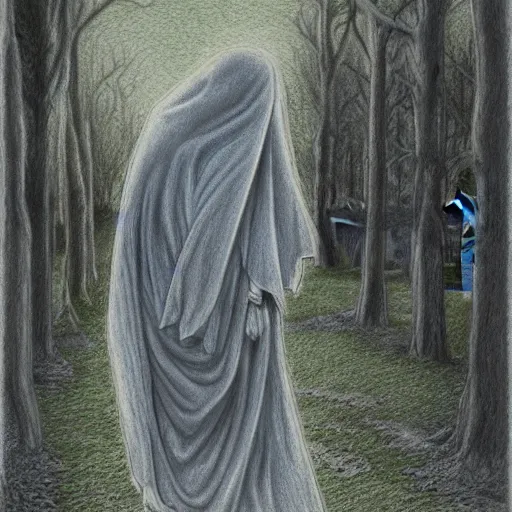 Prompt: Colored pencil art on paper, Ghost in Cemetery, highly detailed, artstation, MasterPiece, Award-Winning, Caran d'Ache Luminance