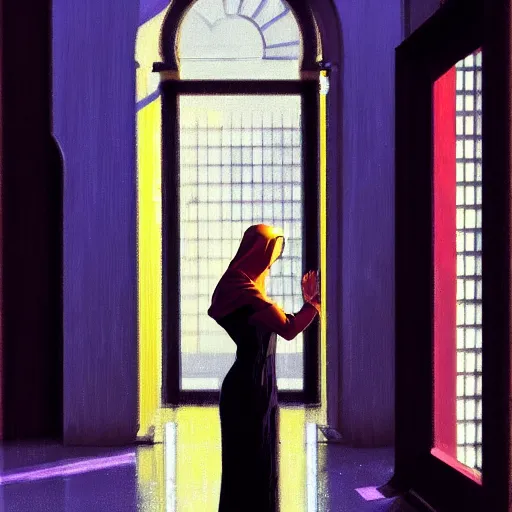 Image similar to action moment, beautiful woman portrait, courtyard, capital, cyberpunk mosque interior, control panel, watcher, omniscient, tech noir, wet reflections, impressionism, atmospheric, ambient, speed painting, edward hopper, syd mead