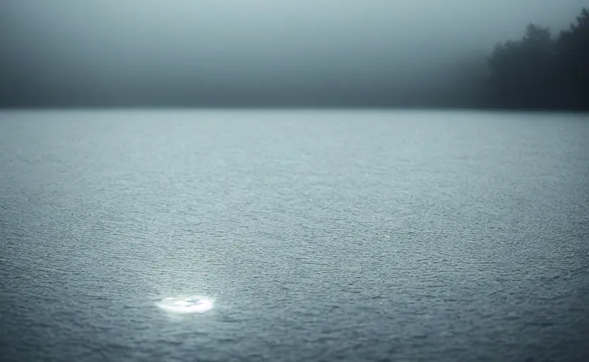 Image similar to extreme low angle camera lens partially submerged in water showing the surface of a lake, scene from a film directed by charlie kaufman ( 2 0 0 1 ), foggy volumetric light morning, extremely moody, cinematic shot on anamorphic lenses