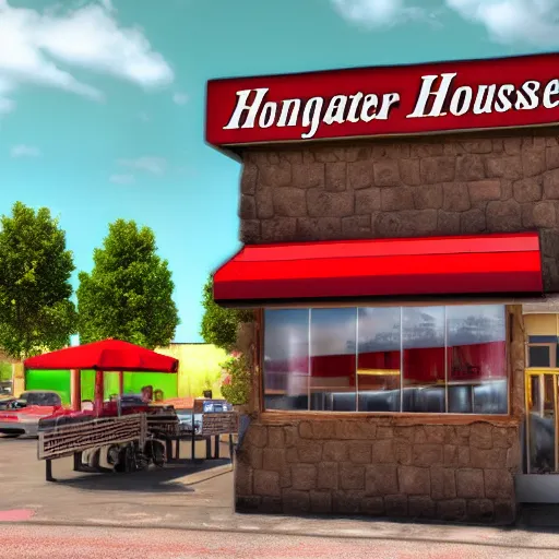 Image similar to Hamburger House in Fast Food Land, Realistic, HDR, Clear Image, HDD, RTX ON,