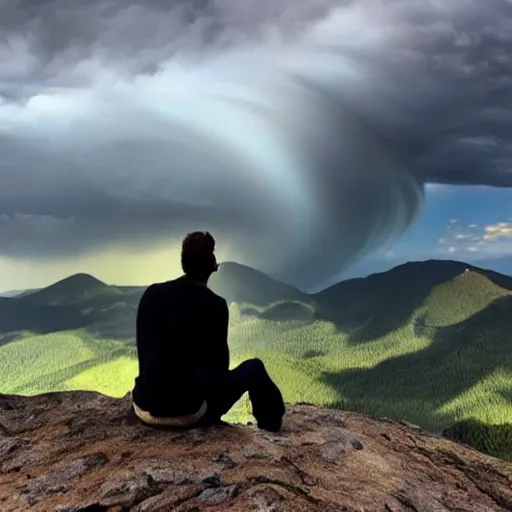 Prompt: man sitting on peak top mountain looking at huge vast sky storm tornado