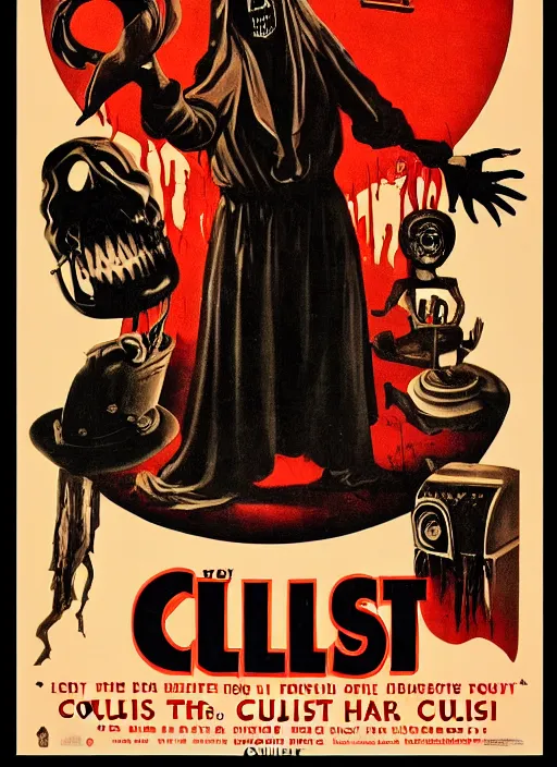 Prompt: old vintage poster for a horror movie called the cultist, detailed, horror