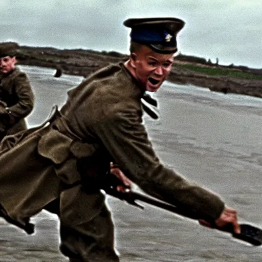 Prompt: film still from Saving Private Ryan of Daniel Radcliffe storming Normandy beach, while riding a magic broom