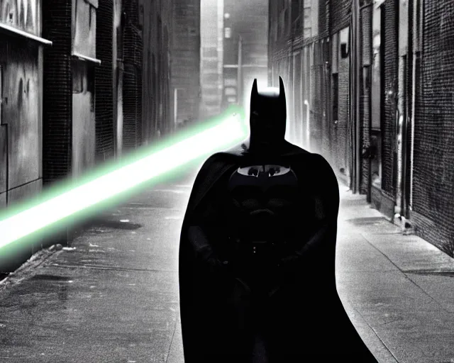 Image similar to a high definition photograph of Batman holding a lightsaber in a New York City alleyway, serious face, moody lighting, high contrast, dark background, window lights