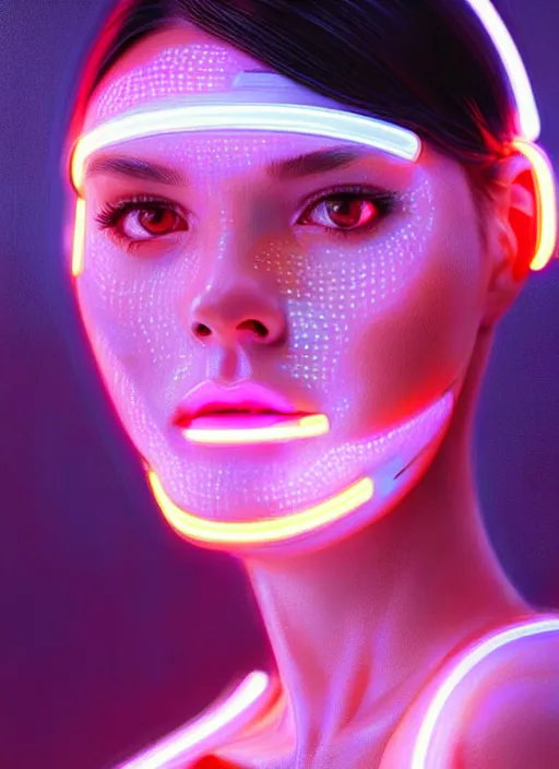 Image similar to photorealistic an american female humanoid with freckle cheeks, cyber neon lightings, futurism, cyberpunk high fashion, elegant profile pose, intricate details, crispy quality, digital photography, trending in artstation, trending in pinterest, no watermark signature, cinematic, 4 k ultra hd, art by artgerm, art by greg rutkowski, art by pascal blanche