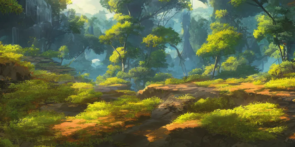 Image similar to beautiful nature environment from genshin impact, game art, in game screenshot, beautiful colors, 8 k, detailed, award winning, popular on artstation, by a famous game concept artist, anime style, nostalgic