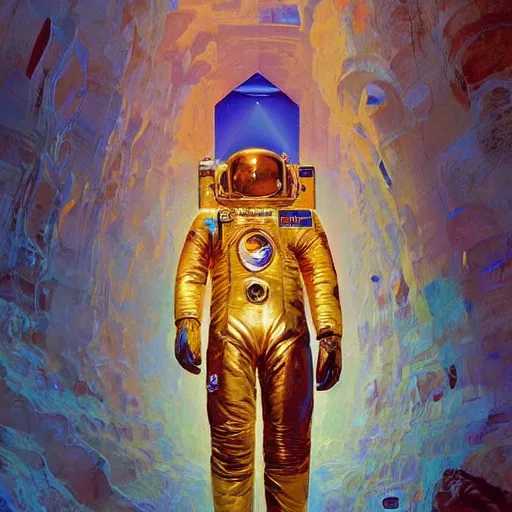 Image similar to golden astronaut in cave, digital painting by dean cornwall, rhads, john berkey, tom whalen, alex grey, alphonse mucha, donoto giancola,