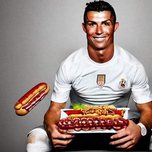 Image similar to a promo portrait of cristiano ronaldo in a sofa, holding a plate of hot dogs to the camera,