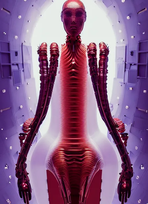 Image similar to background space station, red baroque inflateble dress iris van herpen positing on floor, helmet instead of a head, perfect symmetrical, full body shot, inflateble shapes, wires, tubes, veins, jellyfish, white biomechanical details, wearing epic bionic implants, masterpiece, intricate, biopunk, vogue, highly detailed, artstation, concept art