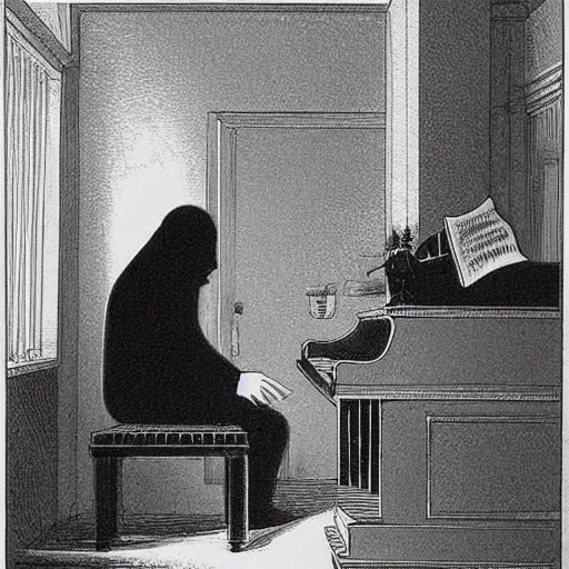Prompt: a shadow man playing piano, occult, hidden truth, gloomy, story book for adults