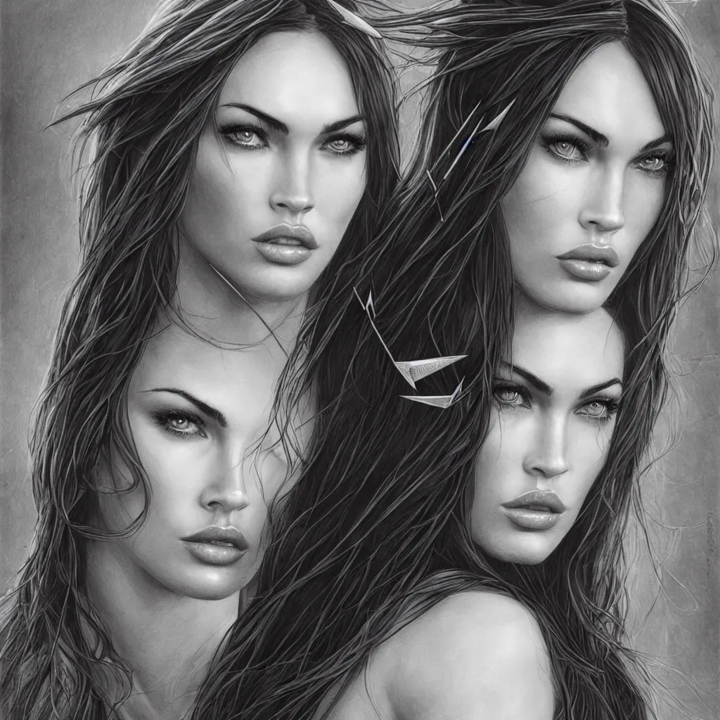 Image similar to portrait of beautiful megan fox as greek goddess aphrodite, archer, arrow on the head, beautiful piercing eyes, flowing blonde hair, realistic face, black and white drawing, in the style of greg rutkowski, fantasy, amazing detail, epic, intricate, elegant, smooth, sharp focus